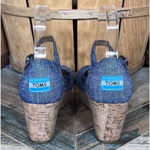 Toms Chambray Blue Platform Adjustable Cork Wedge Sandals Womens Size 7.5 - Picture 6 of 12